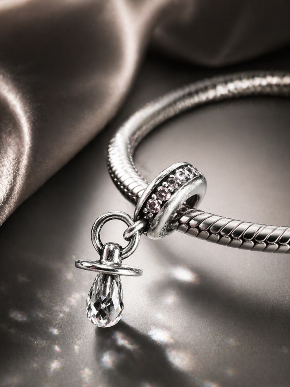 Pandora S925 ALE Baby Pacifier Dangle Charm Crystal Sterling Silver